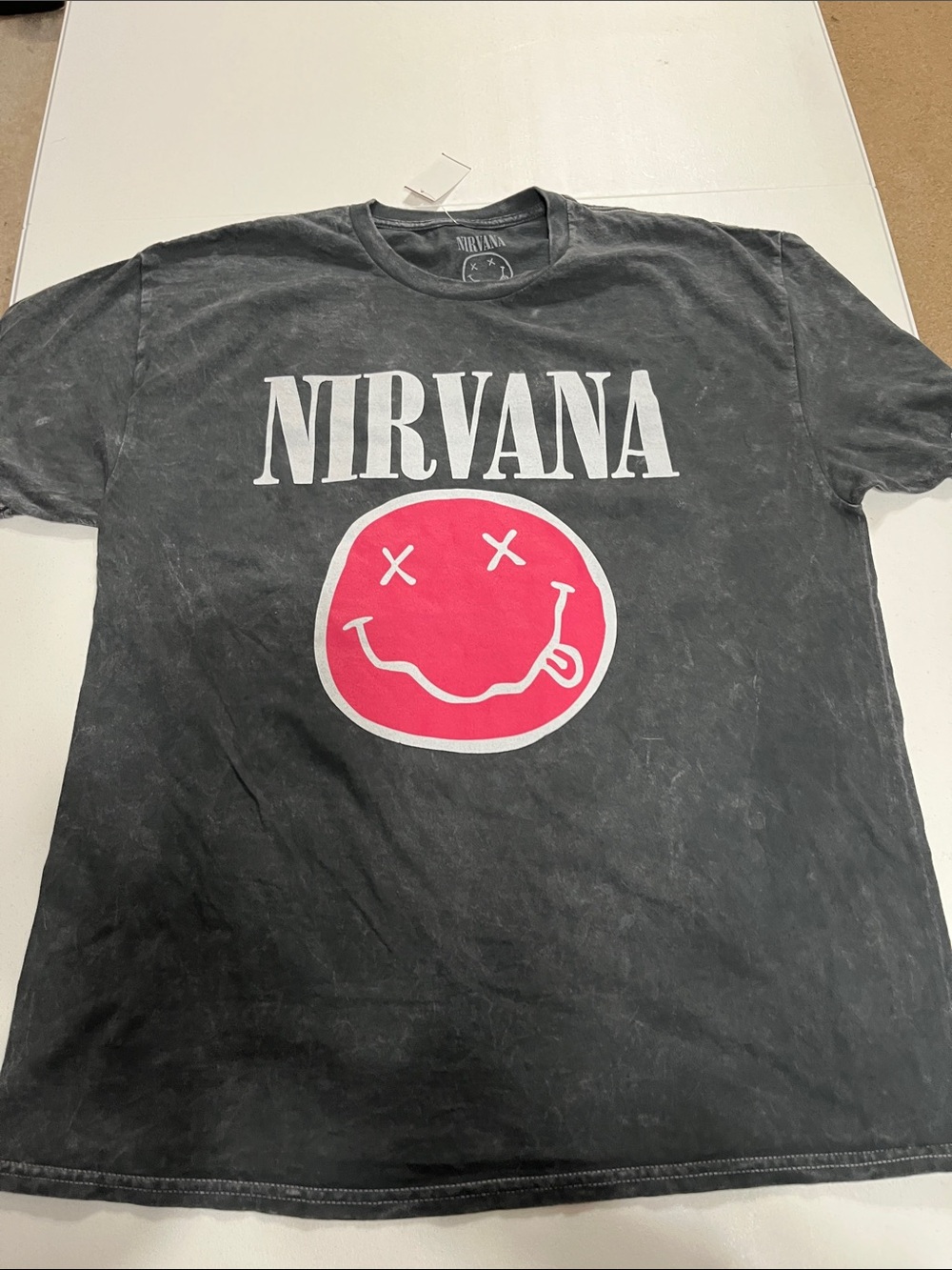 NWT NIRVANA Black Short-Sleeve Concert Tee with Pink Smiley Graphic